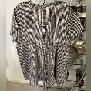 Flax brown Checkered Shirt button front with back tucks. Peplum style.